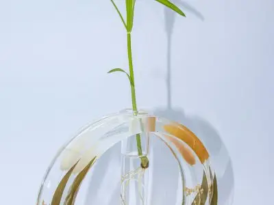 création en résine époxy d'un vase circulaire avec intégration de fleurs séchées